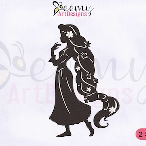 May include: A black silhouette of a woman with long, flowing hair adorned with flowers. She is wearing a long dress and is in a side profile pose. The image includes the text "2 SIZES" and the logo "Beemy ArtDesigns".