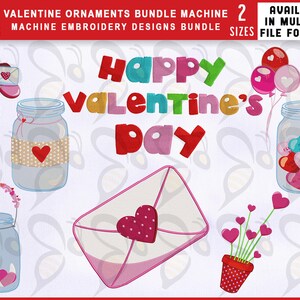Paquete de diseños de bordado de adornos para el día de San Valentín, diseños EMB de 2 tamaños, carta de San Valentín, carta de amor, maceta, globos, frasco EMB