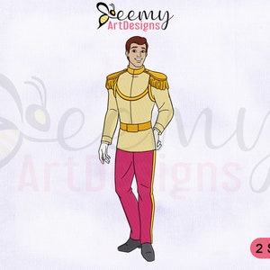 May include: A cartoon illustration of a prince in a gold and pink uniform with a white collar and gold trim. The prince is smiling and has brown hair. The image is labeled "Deemy ArtDesigns" and "2 SIZES".