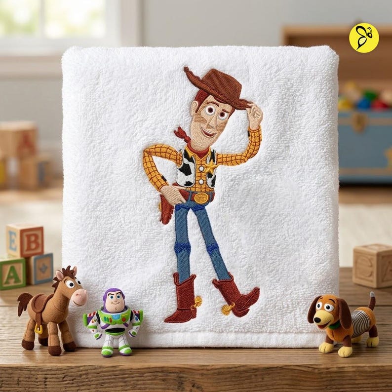 Może przedstawiać: Biały ręcznik frotte z wyhaftowanym wizerunkiem postaci Woody'ego z Toy Story, kt&oacute;ry ma na sobie brązowy kowbojski kapelusz, ż&oacute;łtą koszulę w kratę, kamizelkę w łaty, niebieskie dżinsy i brązowe buty, stojąc z ręką na biodrze.