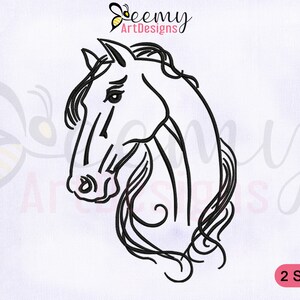 May include: Black and white line art embroidery design of a horse's head with a flowing mane. The design is available in two sizes.