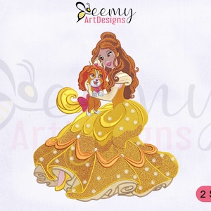 Belle With Puppy Machine Embroidery Design | Beauty And The Beast Embroidery Designs | Princess Belle Embroidery Design | 2 Sizes EMB Design