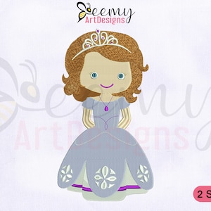 May include: Embroidered design of a cartoon princess wearing a purple dress, a crown, and a necklace with a purple gem. The design is available in two sizes.