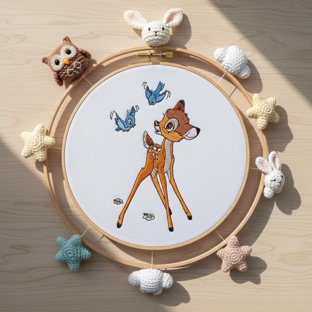 バンビの刺繍デザインで遊ぶ鳥たち、4x4と5x7の刺繍枠、バンビの刺繍