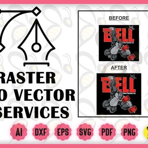 以下が含まれることがあります： ラスタからベクターへのサービスのグラフィックで、ペンツールと「Raster to Vector Services」という黒いテキストが表示されています。テキストの下には、AI、DXF、EPS、SVG、PDF、PNGのファイル形式のアイコンがあります。