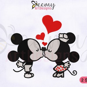 May include: Embroidered design of Mickey Mouse and Minnie Mouse kissing, with red hearts floating above them. The design is available in two sizes.