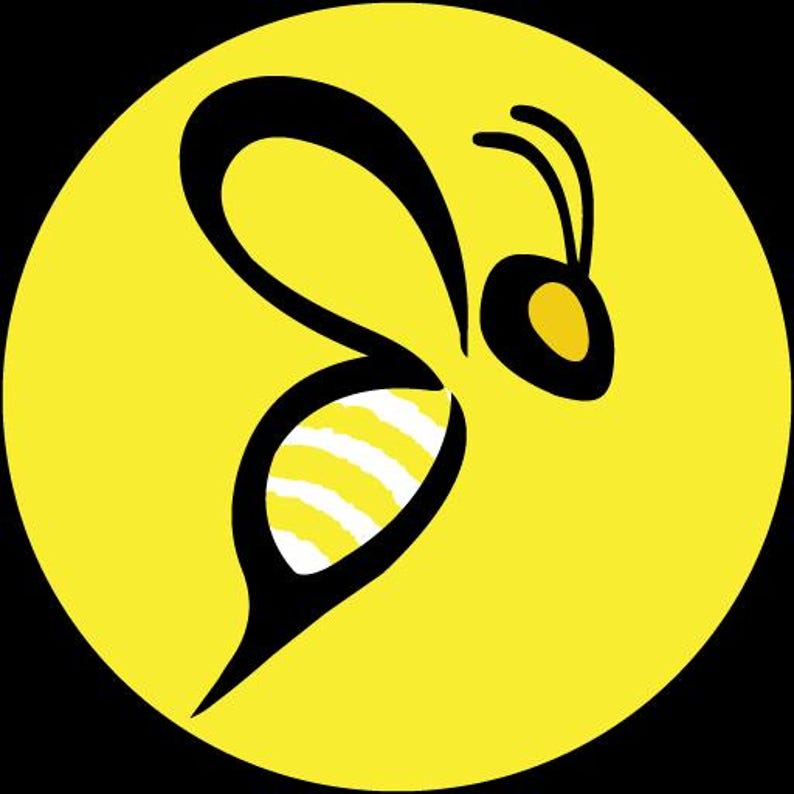 May include: A circular graphic design featuring a stylized black bee silhouette centered on a bright yellow background. The bee has a curved body with alternating yellow and white horizontal stripes and two thin antennae extending from its head.