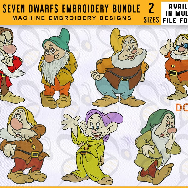 Seven Dwarfs Embroidery Designs Bundle, 4x4 and 5x7 Hoop, Seven Dwarfs Sneezy, Dopey, Sleepy, Bashful, Happy, Doc, Grumpy Embroidery Bundle