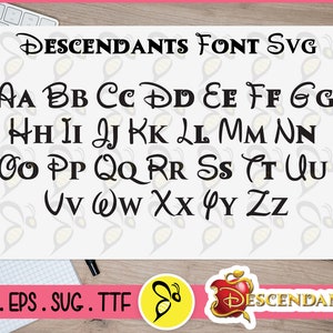May include: A black and white image of the Descendants font alphabet. The font is a stylized, whimsical script. The letters are arranged in two rows. The text "DESCENDANTS FONT SVG" appears at the top of the image. The text "DXF.EPS.SUG.TTF" appears at the bottom of the image.
