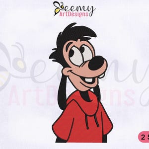 May include: An embroidered design of a cartoon character with black fur, a large black nose, and a red hoodie. The character is smiling, with white teeth visible. The text "2 SIZES" is in the bottom right corner.