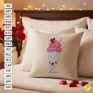 Lovely Ice cream Milkshake Embroidery Design, 4x4 & 5x7 Hoop Milkshake Embroidery Design, Valentine Day Ice Cream Embroidery Designs