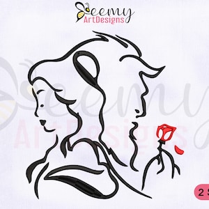 Diseño de bordado de La Bella y la Bestia, Diseño de bordado de la Princesa Bella, Diseño de bordado de El Amor de la Bestia, Diseño de bordado de contorno en 2 tamaños