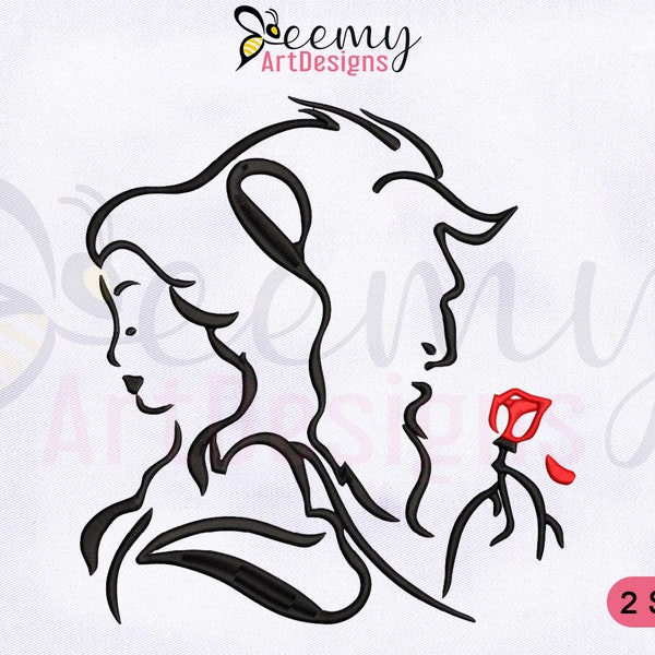 Beauty and the Beast Embroidery Design, Princess Belle Embroidery Design, The Beast Love Embroidery Design 2 Sizes Outline Embroidery Design