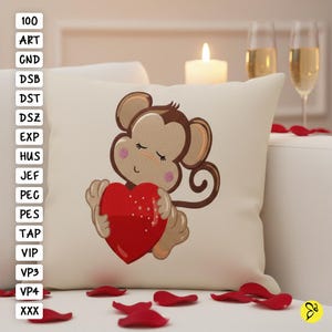 Baby Affe hält Herz Stickdatei, 4x4 und 5x7 Hoop Stickerei, Valentinstag Stickmotive, Baby Affe Stickdatei