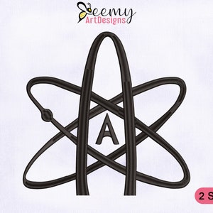 May include: Black and white embroidery design of an atom with the letter "A" in the center. The design is available in two sizes.