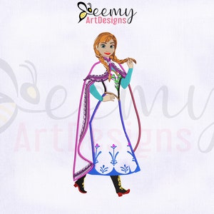 May include: Embroidered design of a cartoon character, a young woman with long blonde hair, wearing a blue and white dress with a purple cape, and black boots. The character is holding a braid of her hair in her right hand. The background is white.