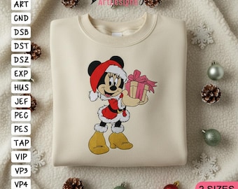 Desenho de bordado à máquina da Minnie com presente de Natal, para bastidores 4x4 e 5x7, desenho de bordado da Minnie Mouse, desenho de bordado da Minnie segurando um presente