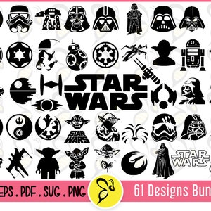 Pode incluir: Um conjunto de 61 gráficos vetoriais em preto e branco com tema Star Wars. Os gráficos incluem personagens, veículos e logotipos da franquia Star Wars. Os gráficos estão em uma variedade de estilos, incluindo desenhos animados, realistas e estilizados.