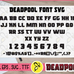 Może przedstawiać: Czarno-białe zdjęcie czcionki Deadpool. Czcionka zawiera duże litery, cyfry i znaki interpunkcyjne. Tekst "DEADPOOL FONT SVG" znajduje się w górnej części obrazu. Tekst "DXF.EPS.SUG.TTF DEADPOOL" znajduje się w dolnej części obrazu.