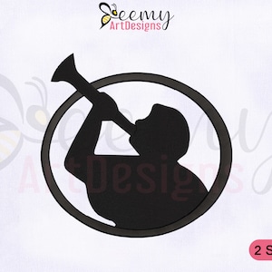 May include: Black silhouette of a person playing a trumpet inside a circle. The image is for embroidery and comes in two sizes.