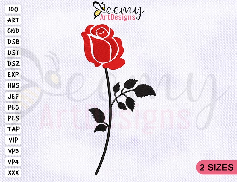 May include: A red rose with a black stem and leaves. The rose is in two sizes. The image includes the text "Seemy ArtDesigns" and "2 SIZES".