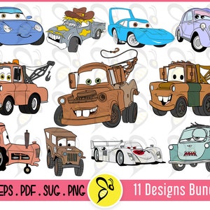 May include: A set of 11 digital cut files featuring cartoon cars in various colors, including blue, red, orange, and green. The cars are in different styles, including a tow truck, a race car, and a classic car. The files are in DXF, EPS, PDF, SVG, and PNG formats. 11 Designs Bundle.