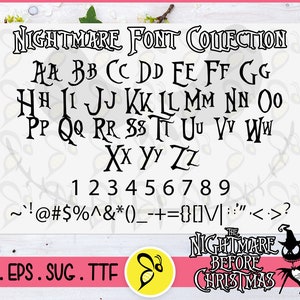 Op de afbeelding: Zwarte en witte lettertypecollectie met de tekst "NIGHTMARE FONT COLLECTION" en de letters van het alfabet, cijfers en leestekens. Het lettertype is gestyled om te lijken op het lettertype dat wordt gebruikt in de film "The Nightmare Before Christmas".