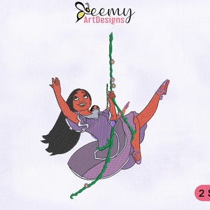May include: An embroidered design of a girl with long black hair swinging on a vine with purple flowers. She is wearing a purple dress and pink shoes. The design is available in two sizes.