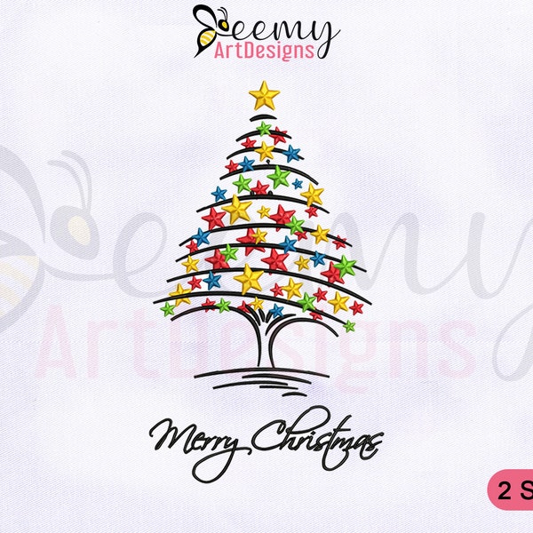 Merry Christmas Stars Tree Embroidery Design, 4x4 and 5x7 Hoop, Decorative Xmas Tree Embroidery Designs, Christmas Tree Machine Embroidery