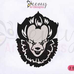 May include: Black and white embroidery design of a clown's face with a menacing smile. The design is available in two sizes.  ArtDesigns.