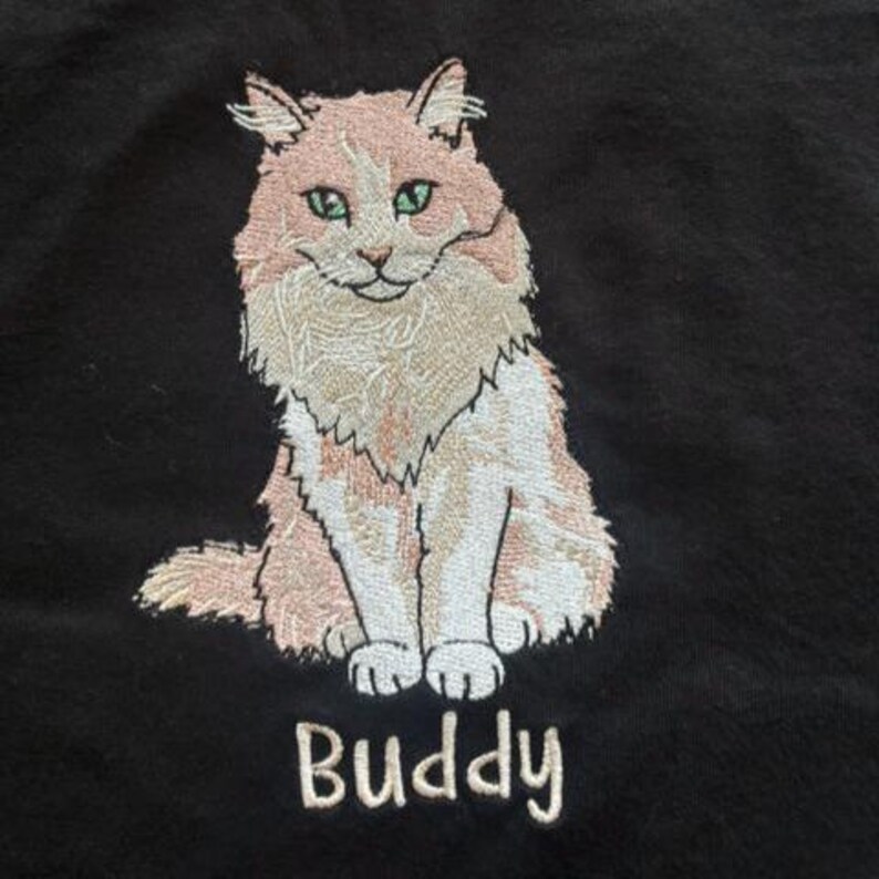 May include: A black fabric garment featuring an embroidered illustration of a long-haired cat with cream and light orange fur, green eyes, and a white chest. Below the cat, the name BUDDY is embroidered in white capital letters.