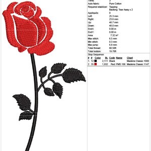 May include: A red rose with a black stem and leaves. The design is for a 4x4 inch embroidery hoop. The design is called "OR-N-10877-10 4x4".