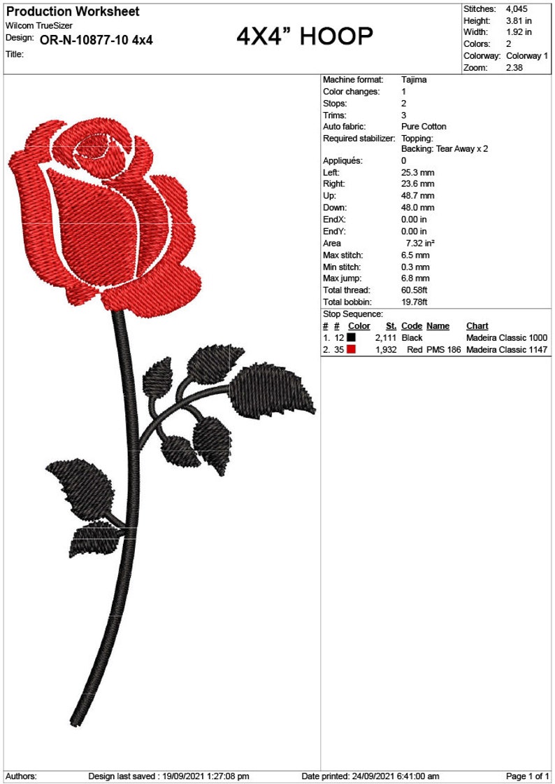 May include: A red rose with a black stem and leaves. The design is for a 4x4 inch embroidery hoop. The design is called "OR-N-10877-10 4x4".