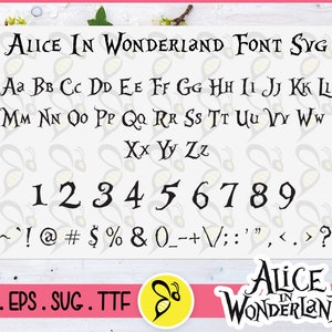 Alice au pays des merveilles polices SVG coupe fichiers, Eps, Dxf, Alphabet, Alice au pays des merveilles polices cliparts, polices TTF SVG pour camée silhouette ou Cricut