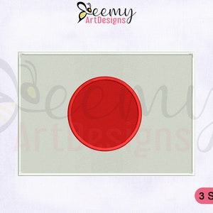 以下が含まれることがあります： 日本の国旗を表す、白い背景に赤い円。旗は灰色の縁取りで囲まれています。画像の右下隅に「3 SIZES」というテキストが表示されています。