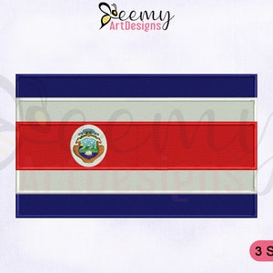May include: An embroidered design of the Costa Rican flag. The flag is a horizontal tricolor of blue, white, and red with the national coat of arms in the center. The design is available in three sizes.