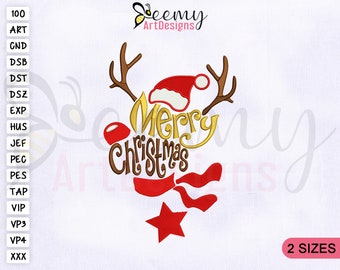 Merry Christmas Reindeer Embroidery Design, 4x4 and 5x7 Hoop, Merry Christmas Machine Embroidery Design, Reindeer Machine Embroidery Design