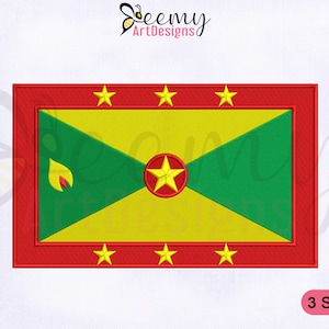 May include: An embroidered patch of the flag of Grenada. The flag is a red rectangle with a yellow diagonal stripe from the top left corner to the bottom right corner. The stripe is divided into two triangles, one green and one yellow. A red circle with a five-pointed yellow star is in the center of the diagonal stripe. A yellow flame is in the upper left corner of the flag. The flag is surrounded by a red border.