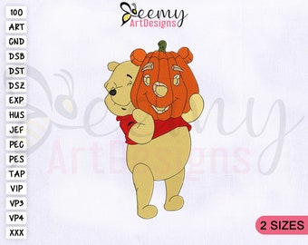 Pooh Halloween Pumpkin Embroidery Design, 4x4 & 5x7 Hoop, Pooh Machine Embroidery Designs, Halloween Winnie the Pooh Embroidery Design