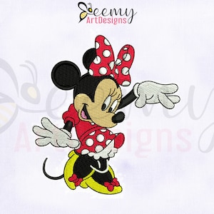 May include: Embroidered design of a cartoon mouse with red and white polka dot dress, yellow shoes, and a red bow. The mouse is smiling and has a white glove on its right hand.