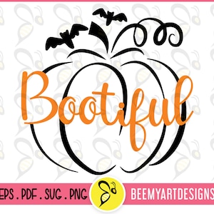 May include: A black and orange graphic of a pumpkin with the word "Bootiful" in orange script. Two black bats are above the pumpkin. The bottom of the image has file type information and a website address.
