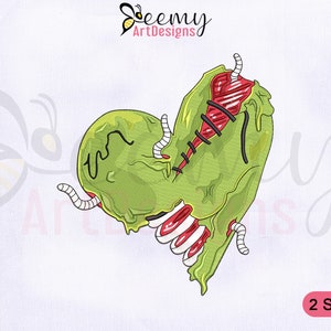 Könnte beinhalten: Ein gesticktes Design eines grünen Zombie-Herzens mit freiliegenden roten Rippen und schwarzen Stichen. Das Design enthält den Text "2 SIZES" in einem rosa Rechteck. Das Logo "Beemy ArtDesigns" befindet sich oben.