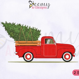 Vintage Christmas Truck Embroidery Design, 4x4 & 5x7 Hoop, Christmas Tree Truck Embroidery Design, Red Xmas Truck Machine Embroidery Designs