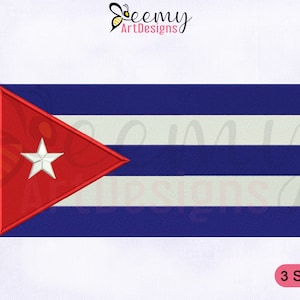 以下が含まれることがあります： キューバの国旗の刺繍デザイン。旗は赤い三角形に白い星が描かれており、青と白の水平なストライプが5本あります。デザインは3つのサイズでご利用いただけます。