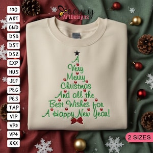 Christmas Tree Embroidery Design, New Year Wishes (4x4 & 5x7 Hoop) (Instant Download)