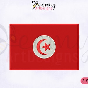 Puede incluir: Bandera bordada de Túnez de color rojo con un círculo blanco que contiene una luna creciente roja y una estrella roja de cinco puntas. La bandera está disponible en tres tamaños.