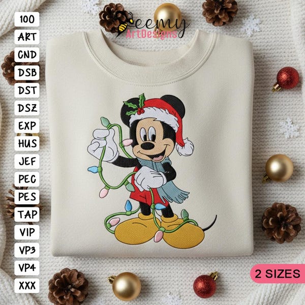 Disegno per ricamo di Topolino con luci di Natale, telaio 4x4 e 5x7, disegni per ricamo di Topolino, disegni per ricamo natalizio, ricamo di Babbo Natale