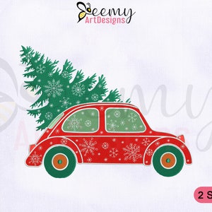 Christmas Tree Car Embroidery Design, 4x4 and 5x7 Hoop, Red Christmas Car Machine Embroidery Design, Decorative Xmas Car Embroidery Designs