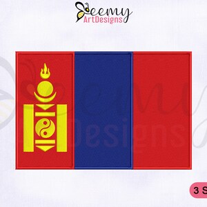 May include: An embroidery design of the flag of Mongolia. The flag is red, blue, and yellow with a symbol in the center. The design is available in three sizes.