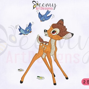 Birds Playing with Bambi Embroidery Design, 4x4 and 5x7 Hoop, Bambi Embroidery Designs, Bambi Machine Embroidery Designs, Deer Embroidery